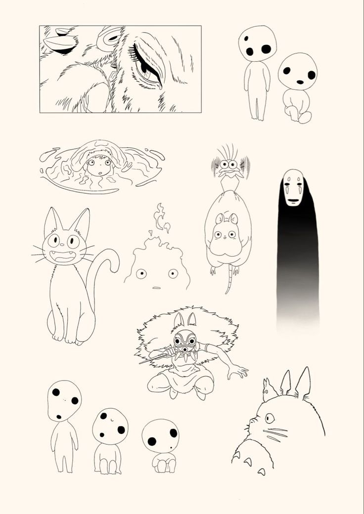 an image of various cartoon characters drawn in black and white on a sheet of paper