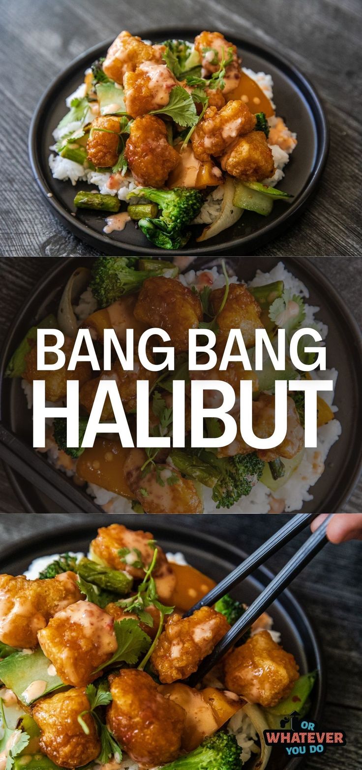 two black plates filled with food on top of a wooden table and the words bang bang halbut above them