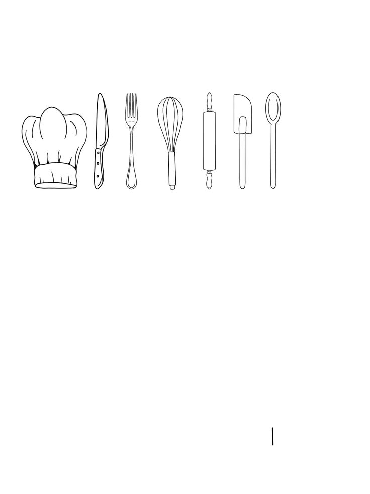 a line drawing of kitchen utensils on a white background