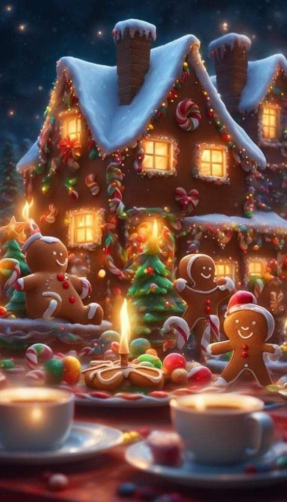 a christmas scene with gingerbreads and hot chocolate in front of a lit up house