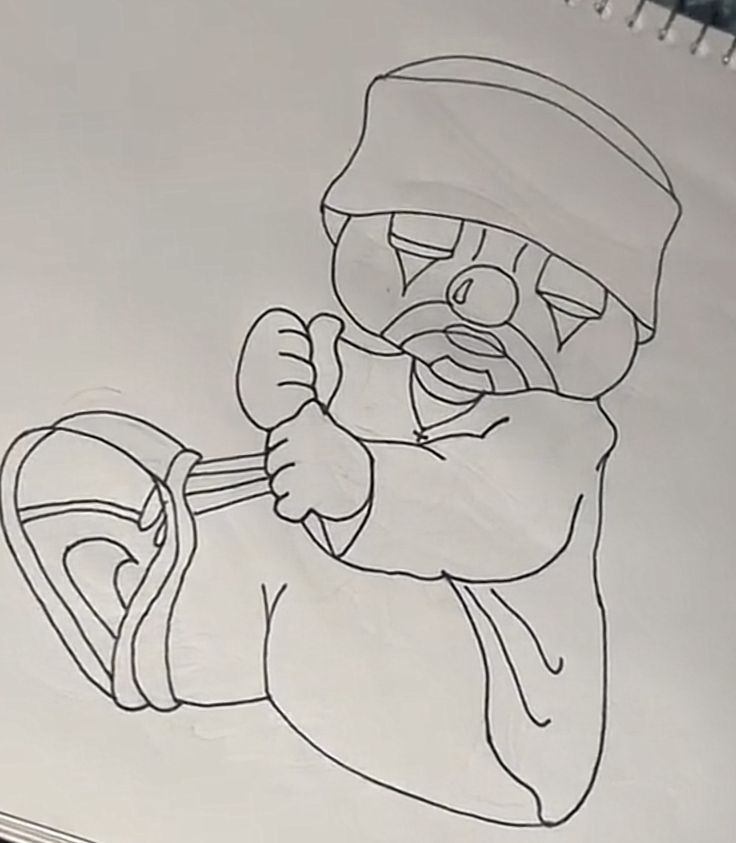 a drawing of a person with a hat and holding a ski pole in his hand