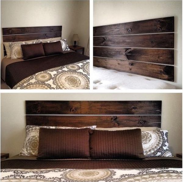 three pictures of a bed with wooden head boards