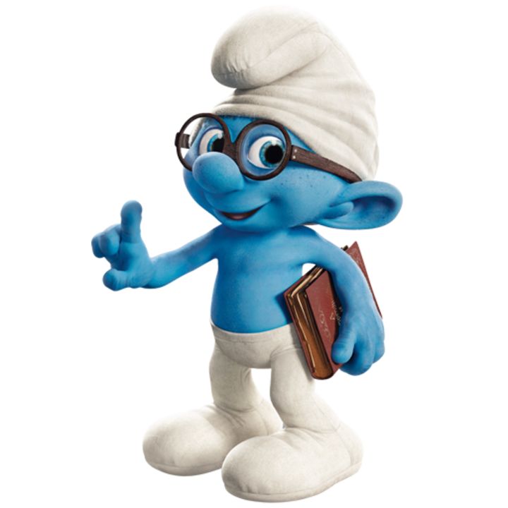 the smurvy man is holding a book and pointing at something with his finger