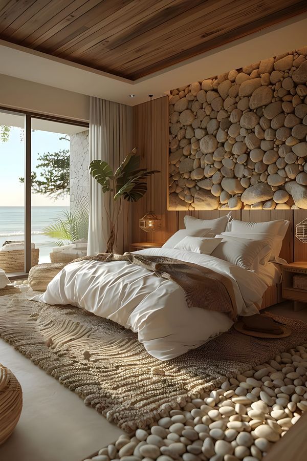 a large bed sitting in a bedroom next to a window with a view of the ocean