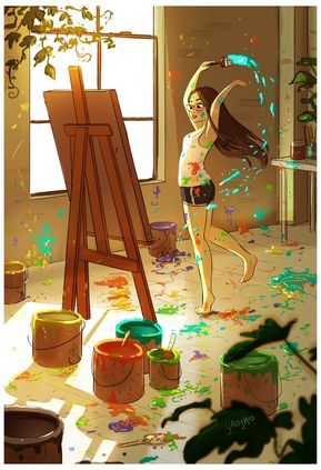 a girl standing in front of an easel with paint splattered all over her