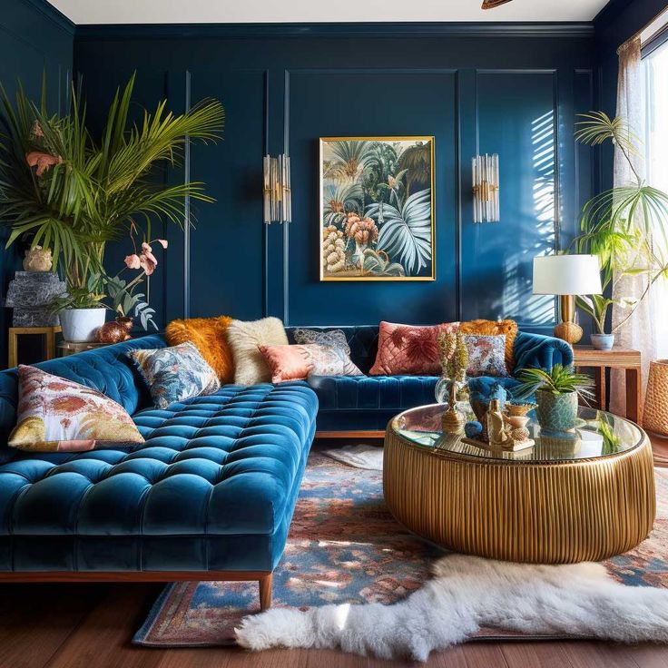 a living room with blue walls and furniture