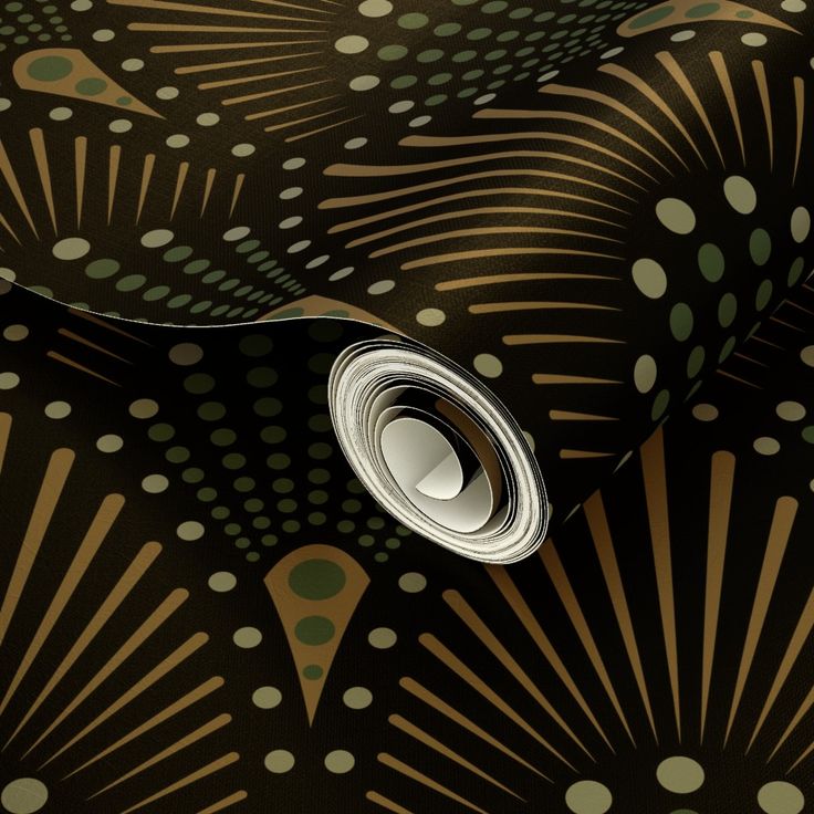 an image of a black and gold wallpaper with green dots on the pattern,