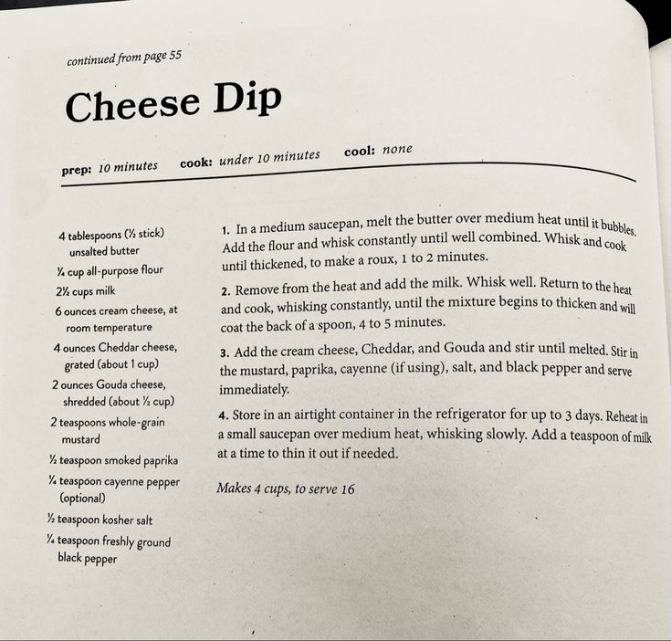 a close up of an open book with writing on it's page and the words cheese dip