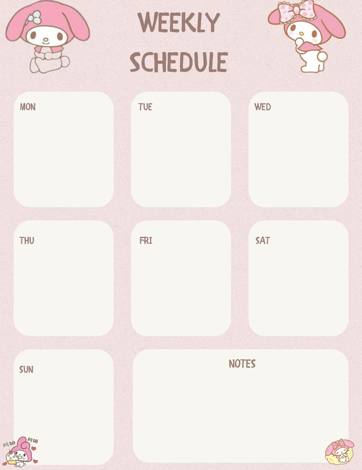 the weekly schedule is shown with hello kitty and pink hats on it, as well as an