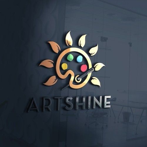 the logo for art shine is designed with gold and green leaves, as well as an artistic