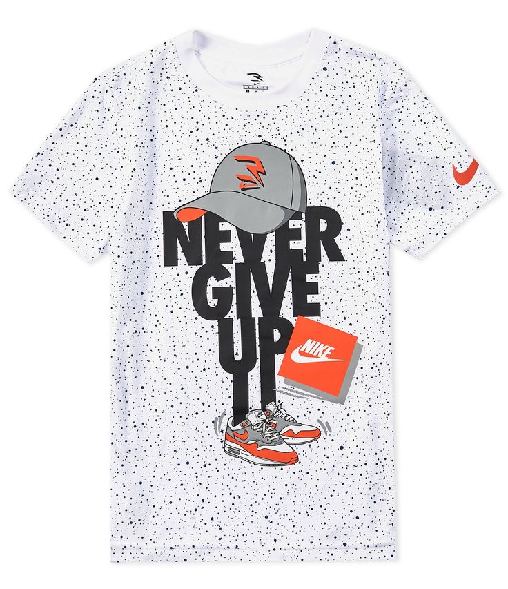 From Nike 3Brand by Russell Wilson&#x2C; this t-shirt features:Regular fitCrew necklineShort sleeves"Never Give Up" front graphicPullover constructionSoft jersey fabricCotton/polyesterMachine wash/tumble dryImported. Character Print Tops For Summer Sports, Sporty White Top With Character Print, White Sporty Top With Character Print, Kids T Shirt Design Boys, Boys T Shirt Print, Kids T Shirt Design Ideas, Boys T Shirt Design, Kids Tshirt Designs, Sports Tshirt Designs