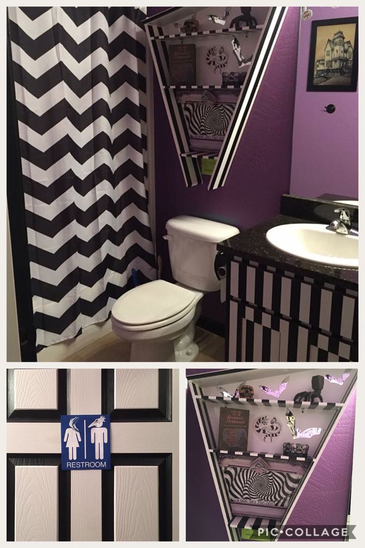 the bathroom is decorated in black, white and purple colors with zebra prints on the shower curtain