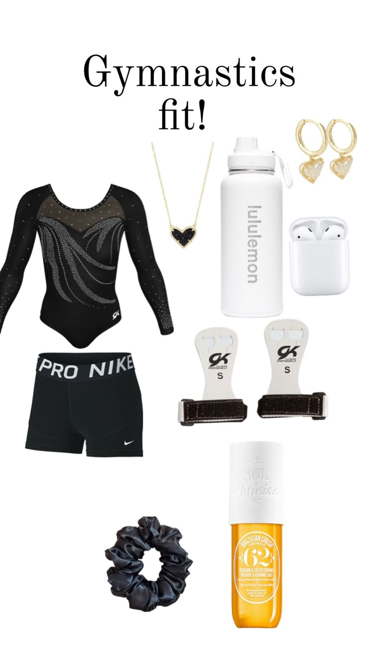 a woman's gym outfit with the words gymnastics fit on it and other items