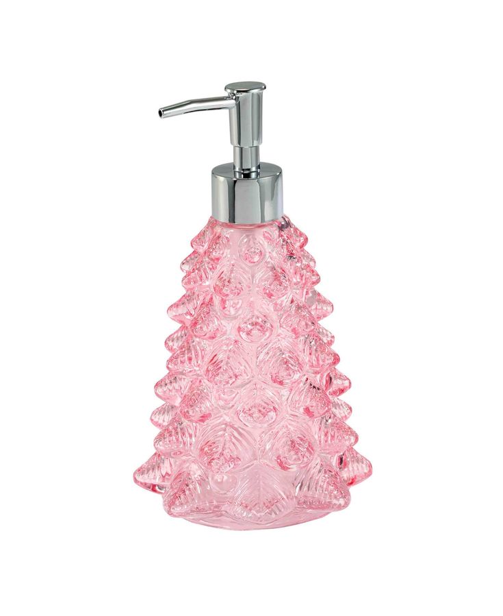 a pink glass soap dispenser on a white background