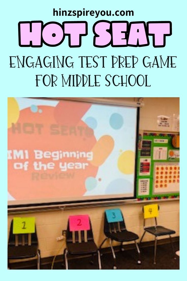 a classroom with chairs and a projector screen that says hot seat engaging test prep game for middle school