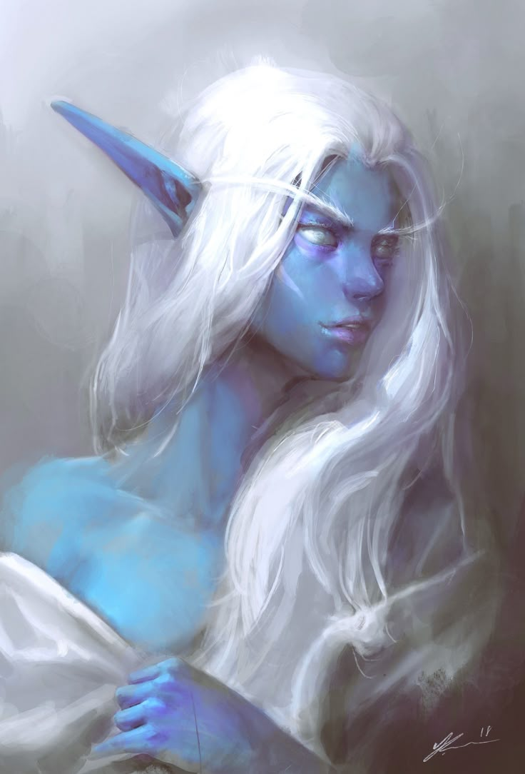 a digital painting of a woman with horns on her head and white hair, dressed in blue