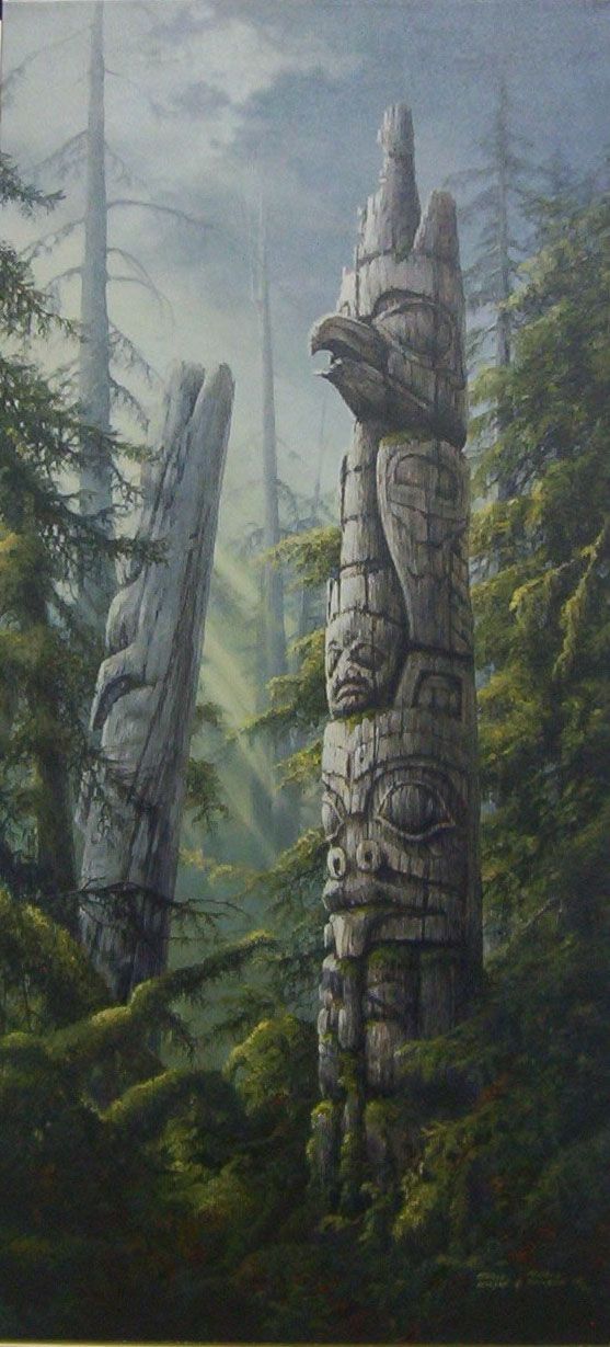 a painting of two totems in the woods