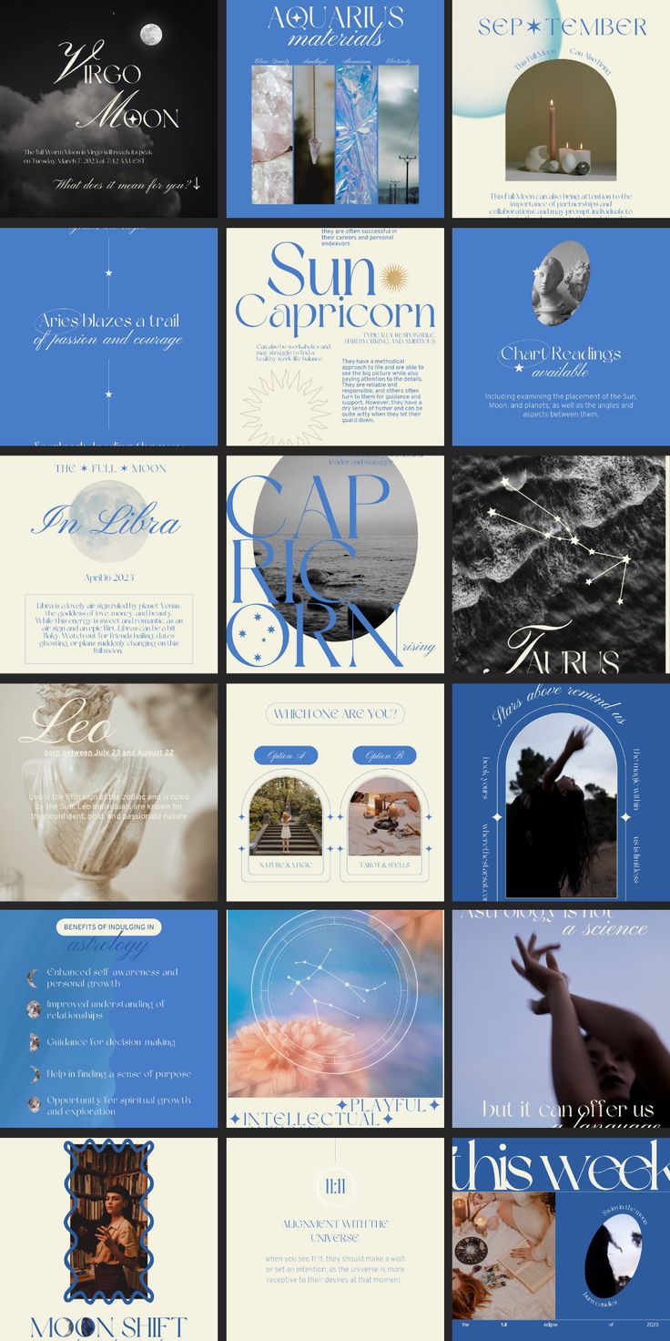 Versatile Blue Aesthetic Astrology | Canva Template Bundle Spiritual Instagram Posts, Astrology Instagram Feed, Astrology Aesthetic Zodiac, Zodiac Instagram, Astrology Aesthetic, Instagram Graphic Design, Instagram Design Layout, Instagram Branding Design, Social Media Branding Design