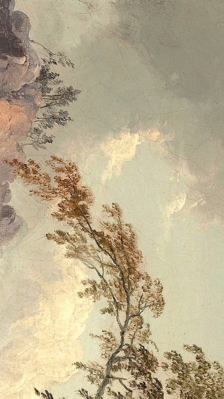 a painting with trees in the foreground and mountains in the background, on a cell phone screen