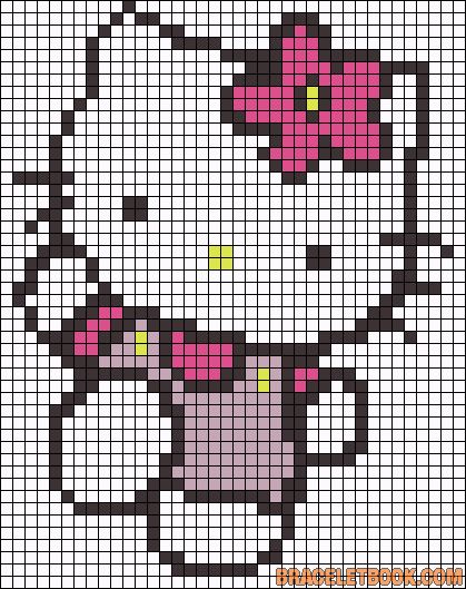 a cross stitch pattern with hello kitty in pink and white, on a black background