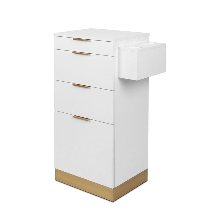 a white and gold dresser with two drawers on it's sides, against a white background