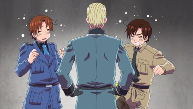 three anime characters are standing in the snow