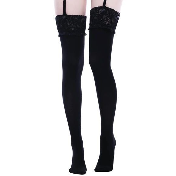 Stop Staring Thigh High Socks | Black Lace Top Stockings - Killstar - Stockings Thigh Stockings Outfits, Pretty Stockings, Thigh High Socks Black, Long Black Socks, High Thigh Socks, Black Thigh Highs, Leg Accessories, Timberland Heels, Thigh Socks