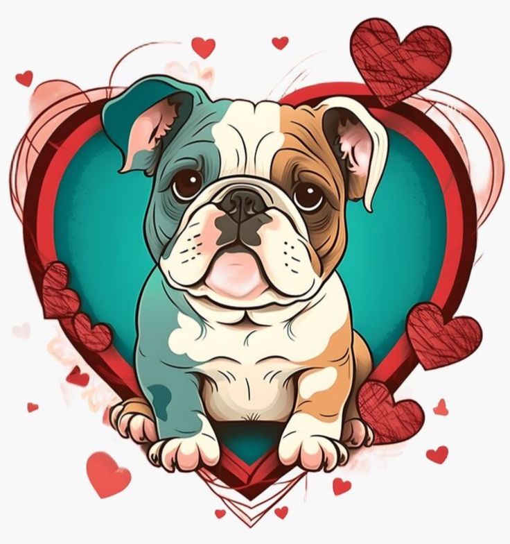 a bulldog with hearts in the shape of a heart