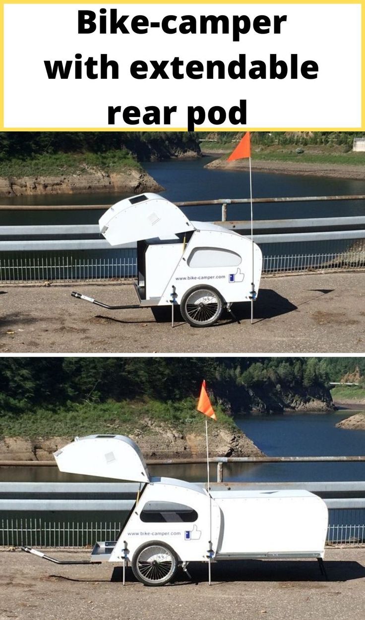 two pictures with the words bike - camper with extendable rear pod on them