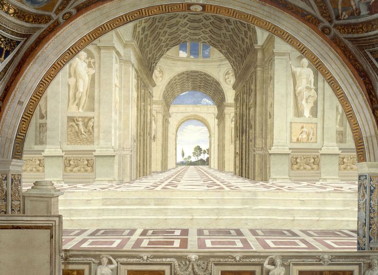 the interior of a building with statues and paintings on the walls, along with an arched doorway