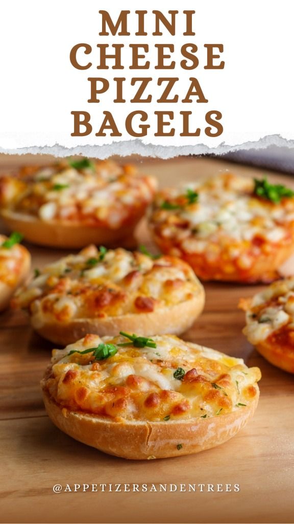 mini cheese pizza bagels on a cutting board with the title overlaying it