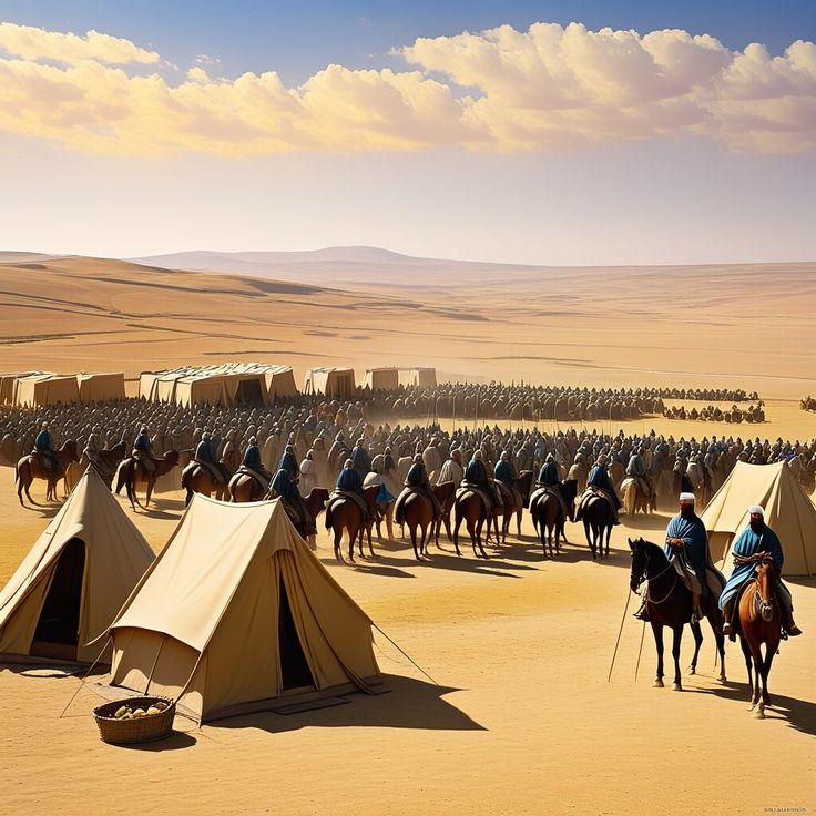 a group of people riding horses next to tents in the desert