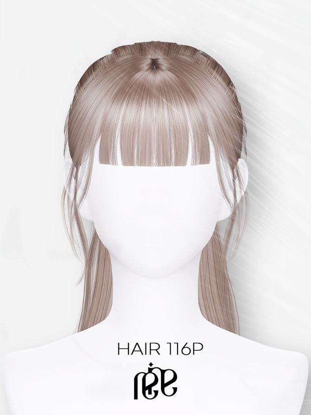 a white mannequin with long hair and bangs on it's head, in front of a white background