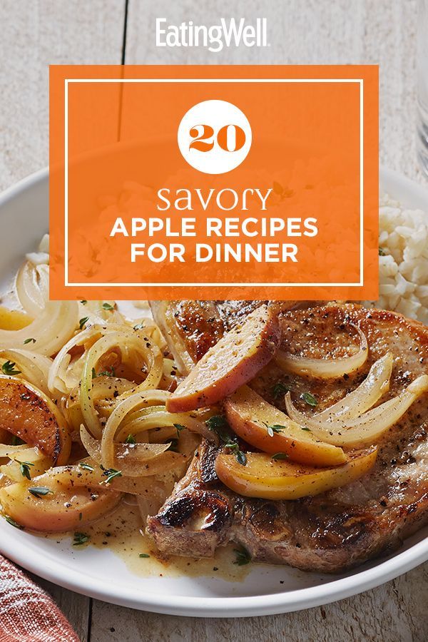 a white plate topped with meat and onions next to an orange sign that says savory apple recipes for dinner