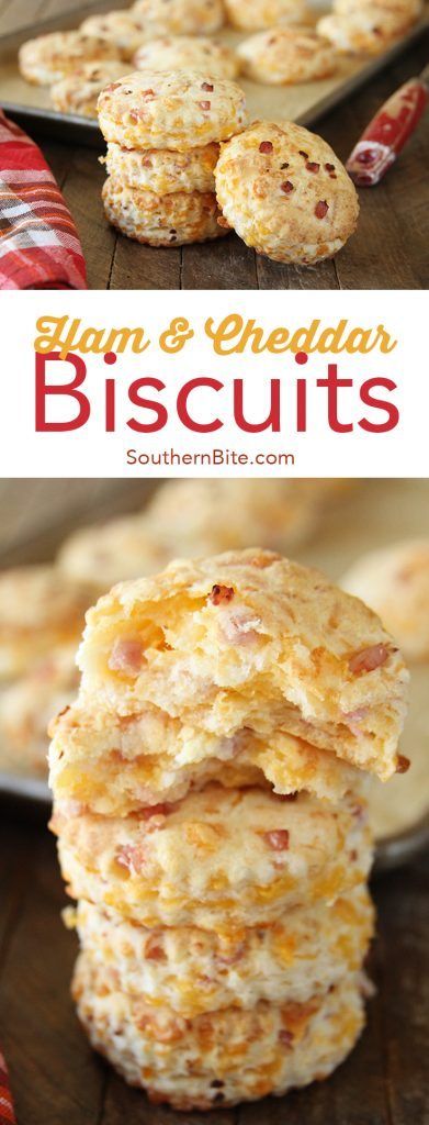 bacon and cheddar biscuits stacked on top of each other with the title in the middle