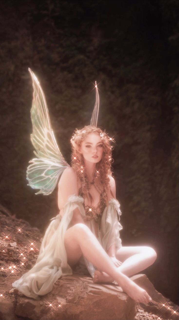 a woman dressed as a fairy sitting on a rock