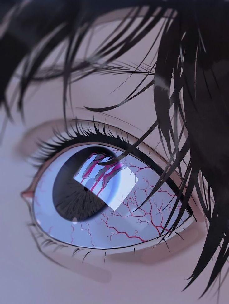 an anime eye with the reflection of another person's face in its iris lens