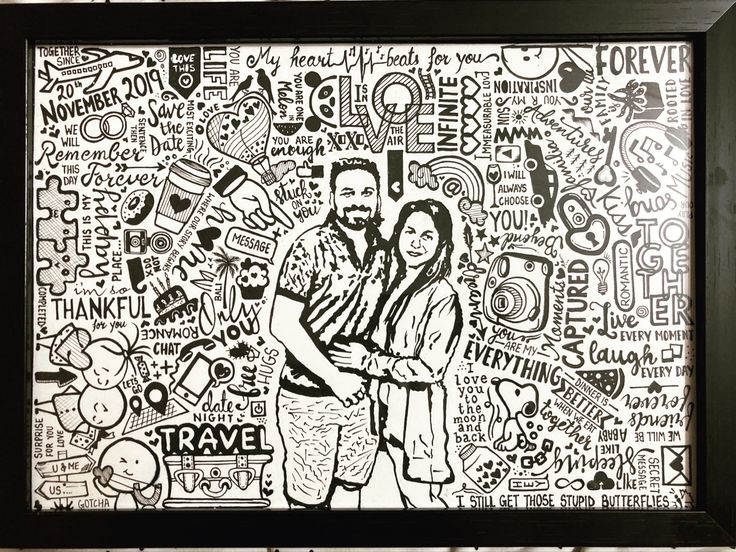 a black and white drawing of two people in front of a wall with words all over it