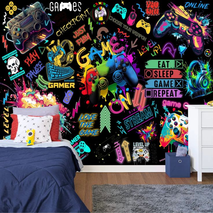 a bed room with a neatly made bed next to a wall covered in colorful stickers