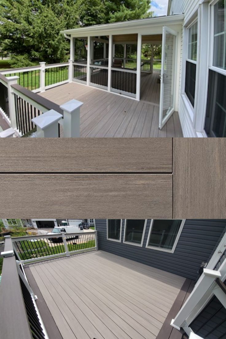 two pictures of the same house with different sidings and decking options on each side