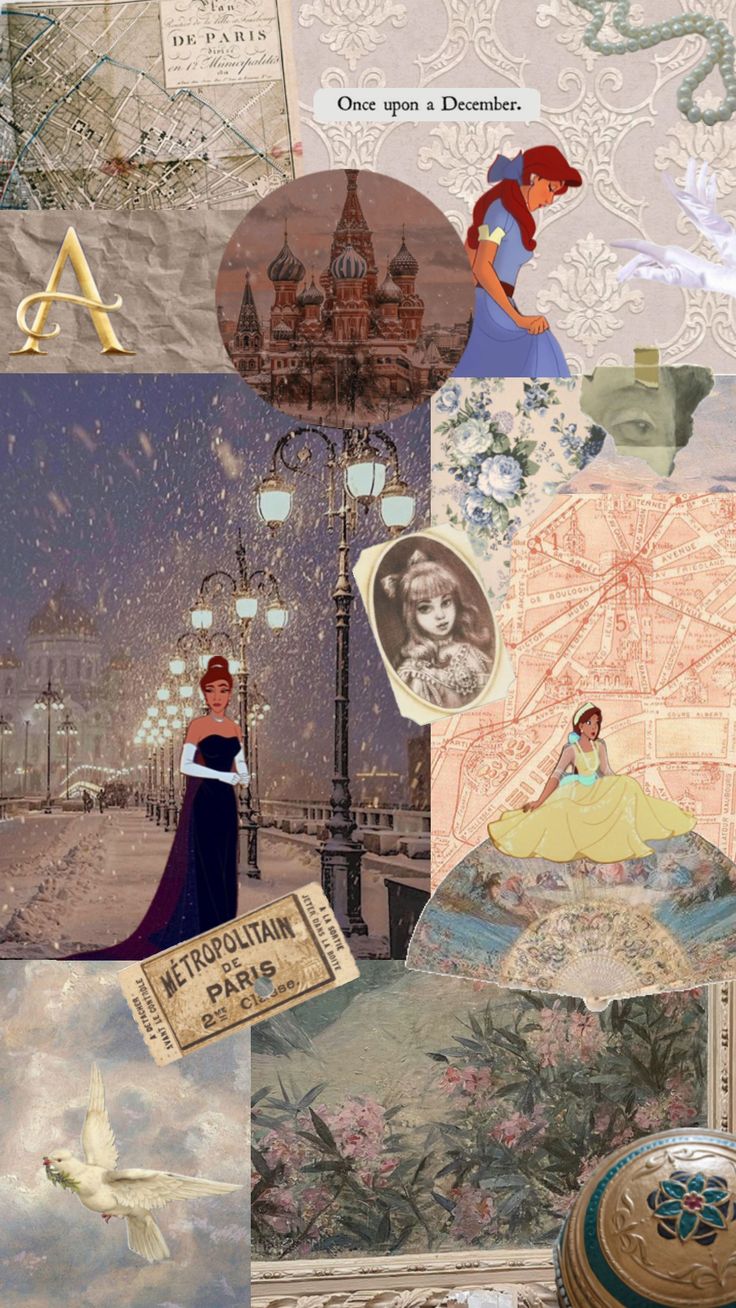 the collage has many different pictures and words on it, including an image of princesses