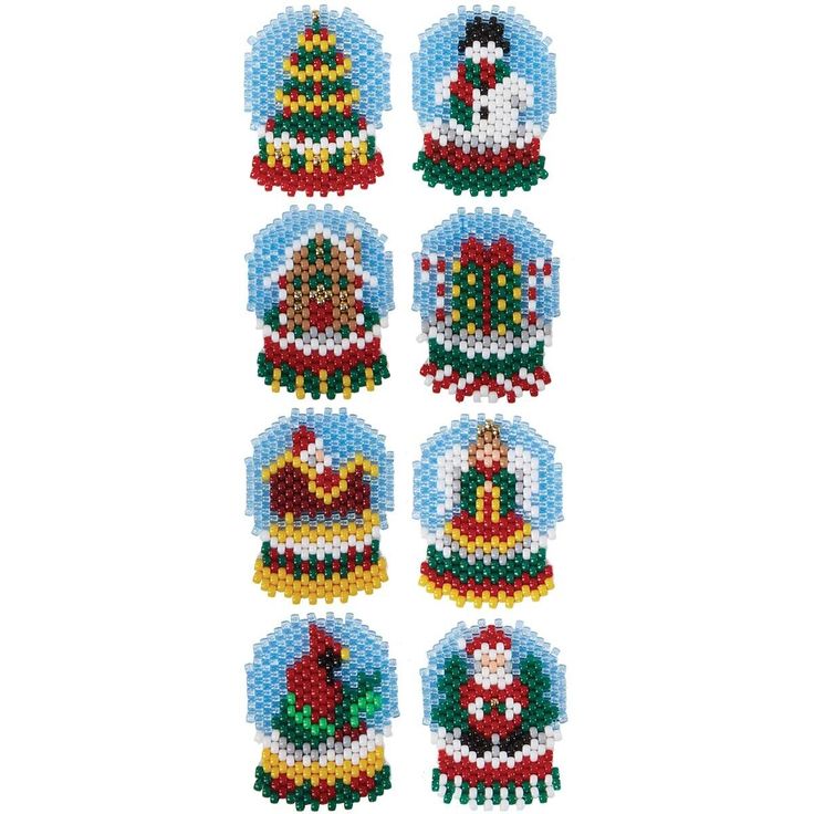 six beaded christmas ornaments in different colors