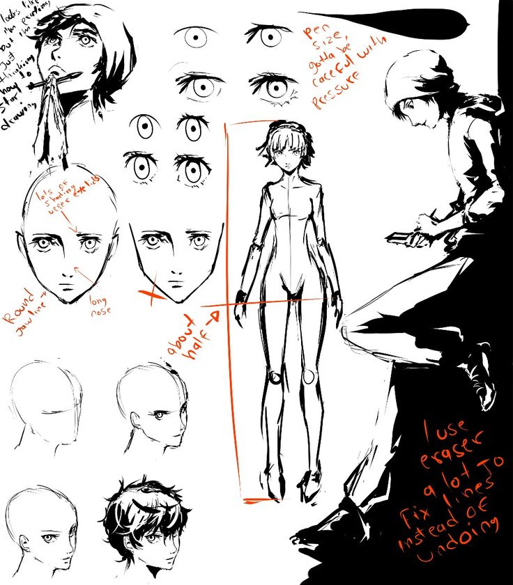 an anime character's face and head sketches