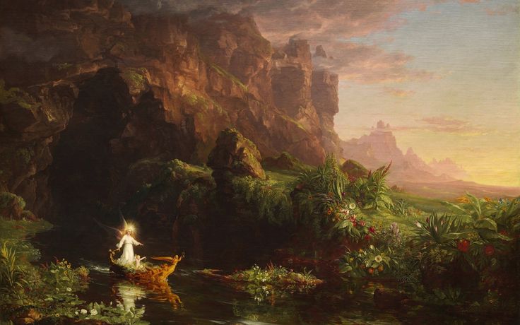 a painting of a man in a boat on a river surrounded by greenery and mountains