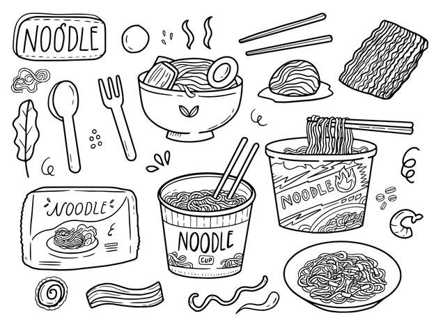 hand drawn doodle illustration of noodles, noodles and soups with chopsticks