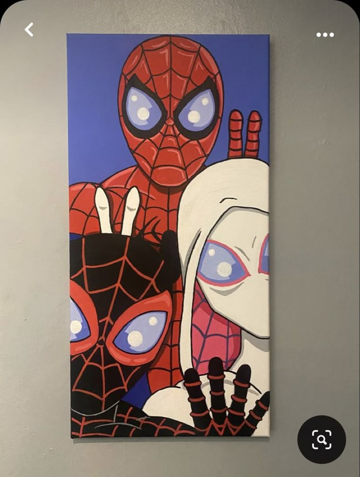 a painting of spider - man and woman with blue eyes on a white wall next to each other