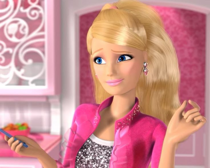 a barbie doll in a pink dress holding a cell phone