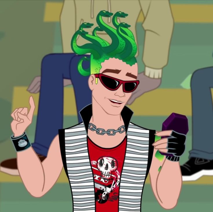 a man with green hair and sunglasses holding a cell phone