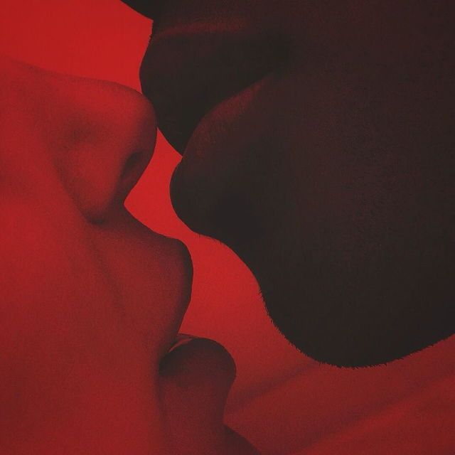 two people kissing each other with red and black colors in the background, one woman's face is partially obscured by her nose