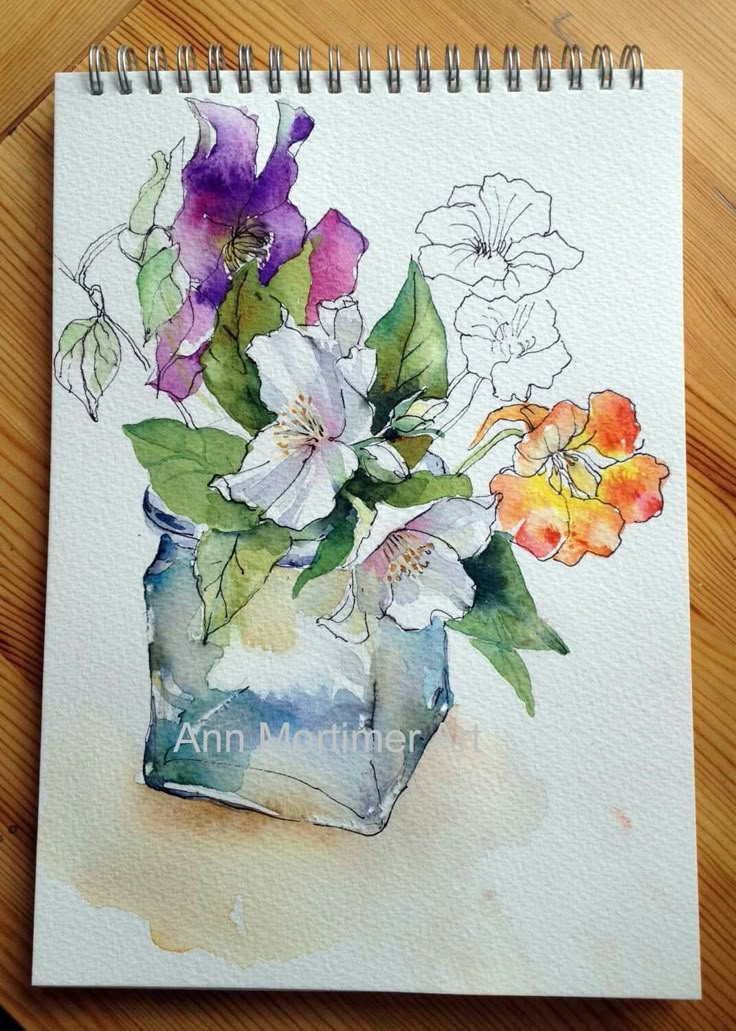 a watercolor painting of flowers in a vase